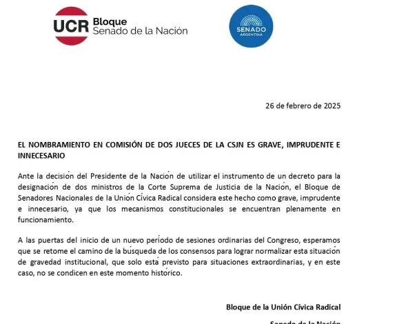 Senadores de la UCR se sumaron a las críticas por el nombramiento en comisión de jueces de la CSJN   