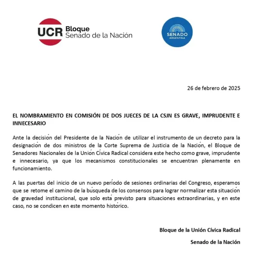 Senadores de la UCR se sumaron a las críticas por el nombramiento en comisión de jueces de la CSJN   